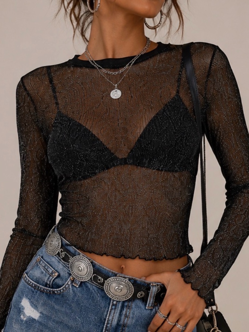 🎡 MUSTARD SEED :Sheer Black Long-Sleeve Mesh Top
